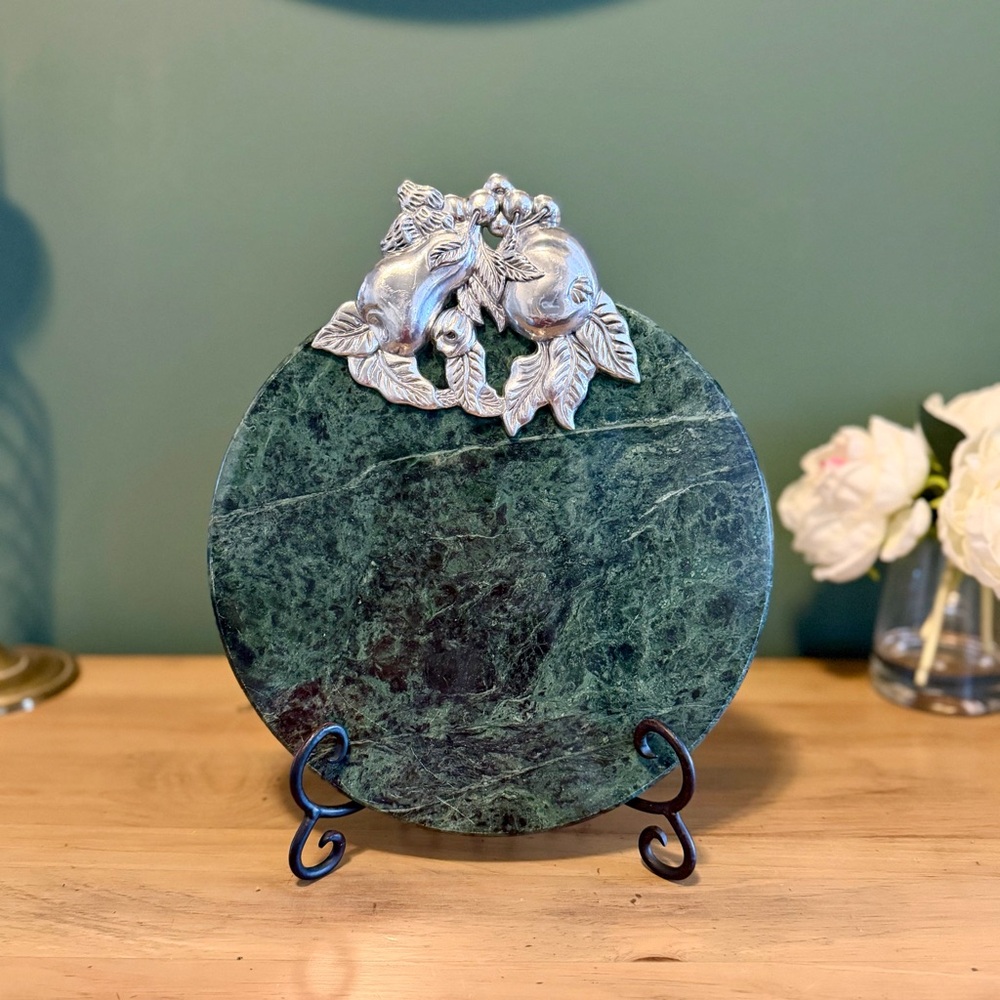 Arthur Court Vintage Green Marble Round Cheese Tray Fruit Aluminum 12”